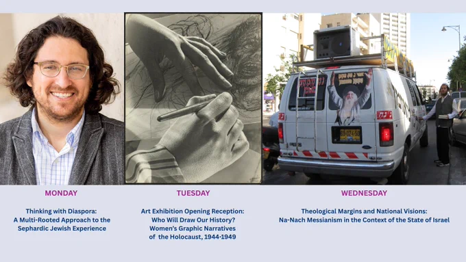 Three images - portrait of a man, illustration of two hands drawing, photo of a man next to a van. Under each image is the day and title of the event. This same text can be found by clicking the link to access the email announcement shared in this post. The email announcement can also be accessed at https://tinyurl.com/5c436wak
