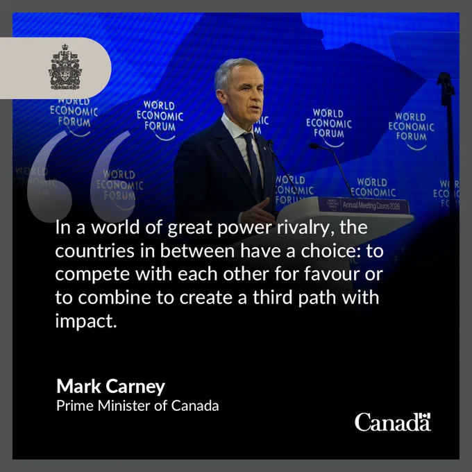 Text: In a world of great power rivalry, the countries in between have a choice: to compete with each other for favour or to combine to create a third path with impact. Quote by Prime Minister Mark Carney.