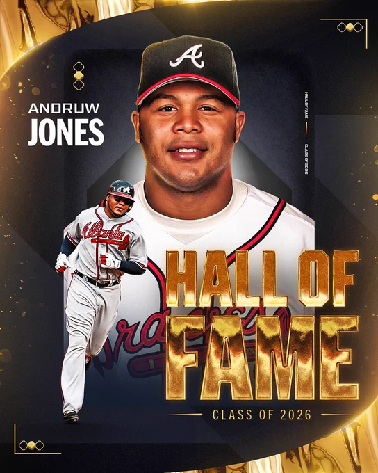 Andruw Jones
National Baseball Hall of Fame, Class of 2026
Two cutouts of Andruw Jones. One features Jones posing for a photo while wearing a home white Atlanta Braves uniform and dark blue Atlanta Braves cap (center). The other features Jones running while wearing a gray Atlanta Braves uniform and dark blue Atlanta Braves helmet (bottom).