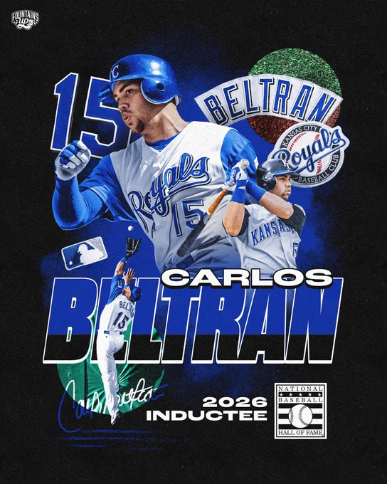 A graphic with cutout images of Carlos Beltrán swinging a bat and catching a ball set against a black background. Text on the graphic reads, "Carlos Beltrán, 2026 National Baseball Hall of Fame inductee."