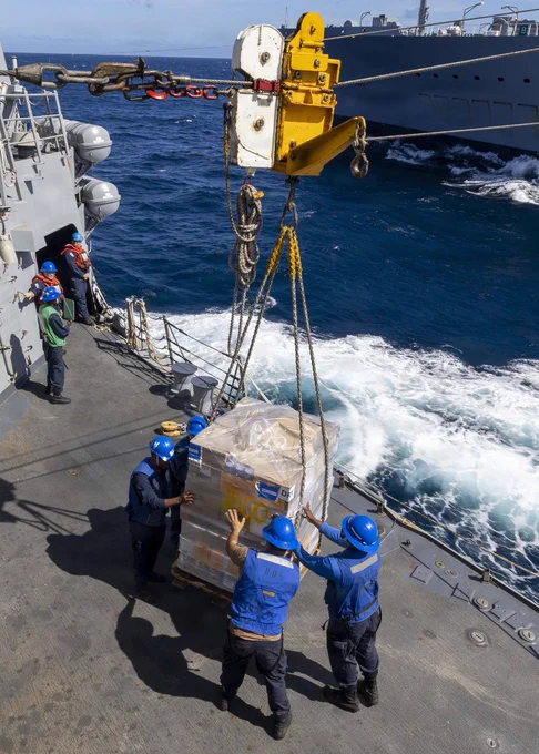 U.S. Navy Sailors aboard Arleigh Burke-class guided-missile destroyer USS Michael Murphy (DDG 112) conduct a replenishment-at sea with fleet replenishment oiler USNS Henry J. Kaiser (TAO 187) Dec. 30, 2025. Michael Murphy is underway conducting routine operations in the U.S. 7th Fleet area of operations. Units assigned to U.S. 7th Fleet conduct regular Indo-Pacific patrols to deter aggression, strengthen alliances and partnerships, and advance peace through strength. (U.S. Navy photo by Mass Communication Specialist 1st Class Jonteil Johnson)