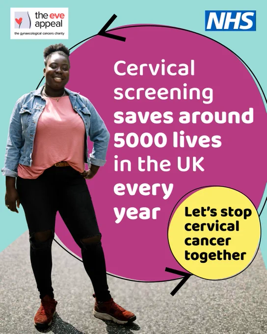 Woman standing confidently beside text highlighting cervical screening saves around 5000 lives annually in the UK, promoting cancer prevention. Text reads 'Cervical screening saves around 5000 lives in the uk every year. Let's stop cervical cancer together'.
