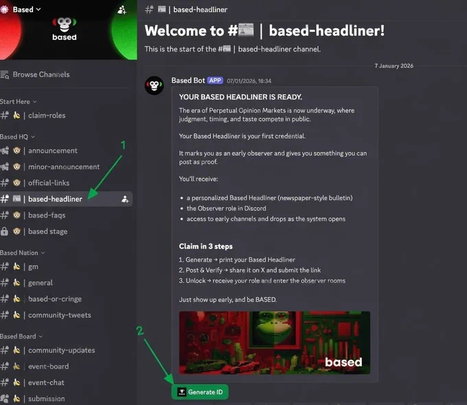 Observer Role
A new role has been introduced in Discord.
To obtain it, join the #based-headliner channel, generate your identifier, and follow the provided instructions.
You can also visit the #claim-roles channel to claim additional available roles.
➡️ Join here: https://discord.gg/9HxzVMb8CH — follow the link to get started and participate!