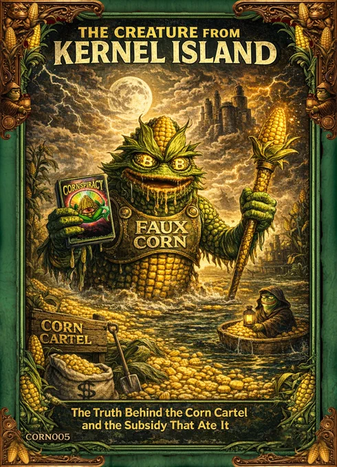 The Creature from Kernel Island Look... I'm not gonna sit here and act like this isn't exactly what it looks like. I took my own card (PEPECREATURE from the Fake Rares) and I just... redid it. With corn. Same pose. Same Bitcoin eyes. Same little ferryman Pepe in the corner looking like he's seen some shit and decided it wasn't his business. I just swapped out the Jekyll Island Federal Reserve conspiracy for a corn subsidy conspiracy and submitted it to Faux Corn like it was a brand new idea. That's called synergy. You know what synergy is? It's the word that makes a guy in a Patagonia vest excuse himself from the meeting to go handle something in the bathroom (hand mash his cobb). It's what happens when you say "leveraging existing IP across verticals" and everybody at the table starts nodding and clapping like you ain't just describe being lazy with extra steps. That's me. I'm vertically integrating my own shit. Because its MLK day and i just used the word integration.