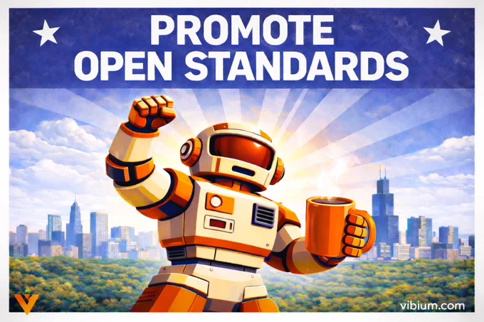 VAR (Vibium Automation Robot) holding a cup of coffee and a fist to the sky. Headline: Promote Open Standards