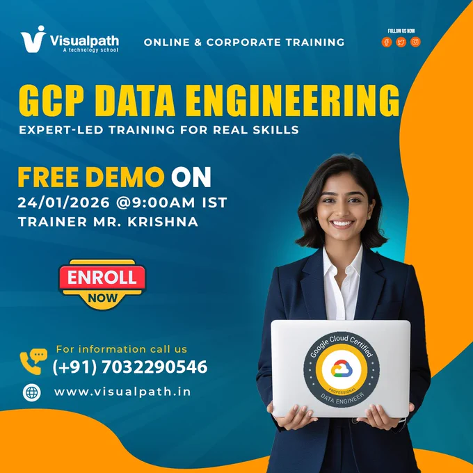 🚀 Upcoming FREE DEMO – GCP Data Engineering ☁️📊

Upgrade your data engineering skills with GCP Data Engineering training at Visualpath. Join this free live demo session and learn how real-world data pipelines are built using Google Cloud Platform. This session is ideal for students, freshers, and working professionals looking to grow their careers in cloud data engineering.

📅 Date: 24/01/2026
⏰ Time: 9:00 AM IST
👨‍🏫 Trainer: Mr. Krishna (Industry Expert)

✨ What you’ll learn:
✅ GCP Data Engineering basics
✅ Real-time industry use cases
✅ Career guidance & certification path
✅ Live interaction with expert trainer

📞 Call:  91 70322 90546
🌐 Website: www.visualpath.in

🔥 Enroll now & step into a high-demand GCP Data Engineering career!

#GCPDataEngineering #GoogleCloud #FreeDemo #CloudCareers #DataEngineer #GCPTraining #Visualpath #ITTraining #CareerGrowth