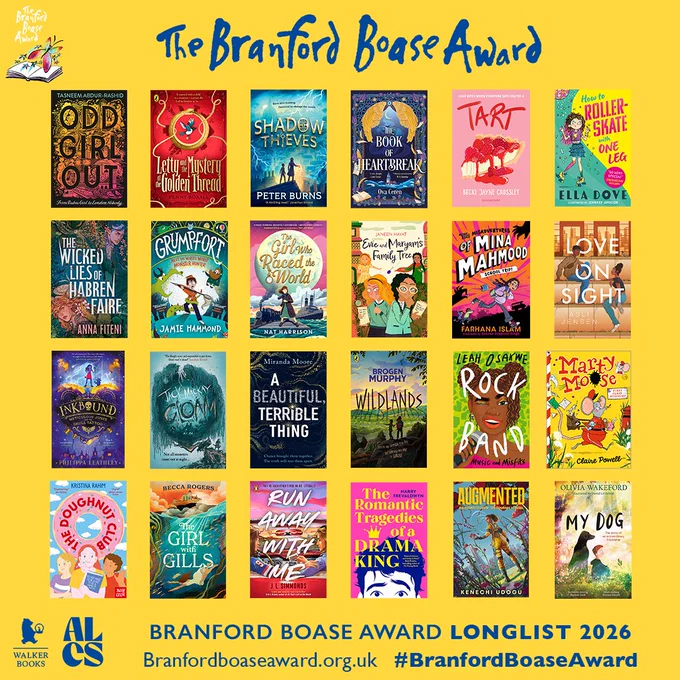 Graphic showing the 24 books on the longlist for the 2026 Branford Boase Award which recognises the year's outstanding debut novel for children, its author and editor (s)