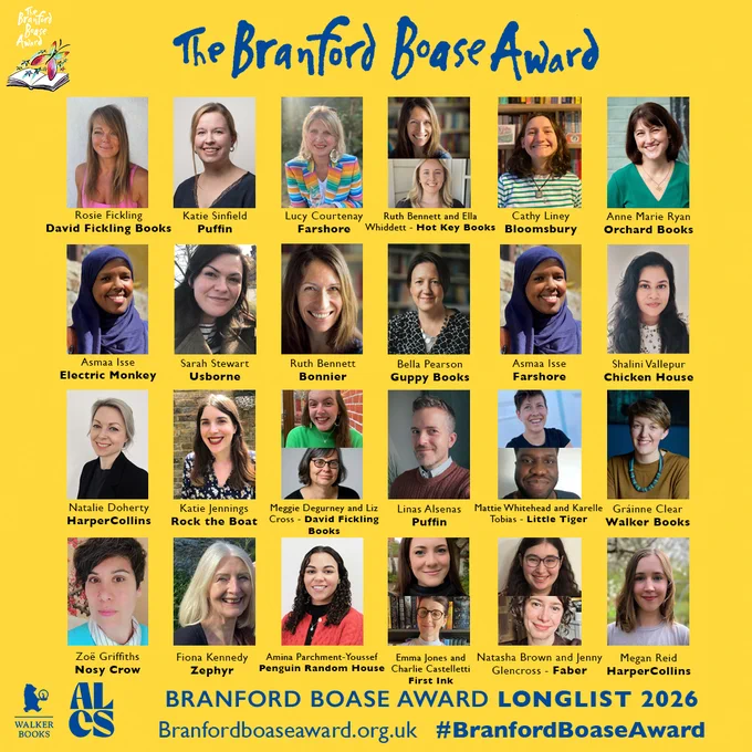 Graphic with photos of the children's books editors on the longlist for this year's Branford Boase Award Rosie Fickling
Katie Sinfield
Lucy Courtenay
Ruth Bennett and Ella Whiddett
Cathy Liney
Anne Marie Ryan
Asmaa Isse
Sarah Stewart
Ruth Bennett
Bella Pearson
Asmaa Isse
Shalini Vallepur
Natalie Doherty
Katie Jennings
Meggie Degurney
Linas Alsenas
Mattie Whitehead and Karelle Tobias
Gráinne Clear
Zoë Griffiths
Fiona Kennedy
Amina Parchment-Youssef
Emma Jones
Natasha Brown
Megan Reid
