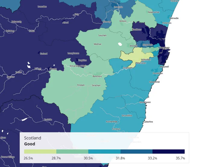 A sample census data map showing different areas of Aberdeenshire in different colours.