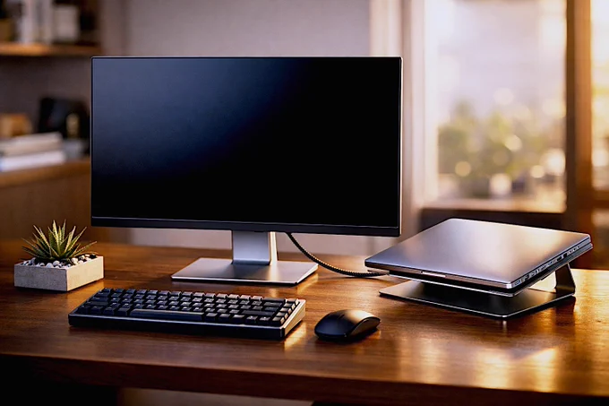 A hyper-realistic, cinematic photograph of a pristine, modern home office desk. In the center, a sleek 27-inch monitor sits on a minimal stand. A single, high-quality braided USB-C cable connects the monitor to a closed silver laptop on a riser—no other cables are visible. Soft, warm golden hour sunlight hits the brushed aluminum chassis. On the desk: a mechanical keyboard, a wireless mouse, and a small architectural plant. High resolution, 8k, shallow depth of field, interior design magazine style.