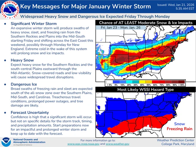 Graphics show widespread areas of at least moderate impacts from the winter storm over much of the U.S. east of the Rockies.