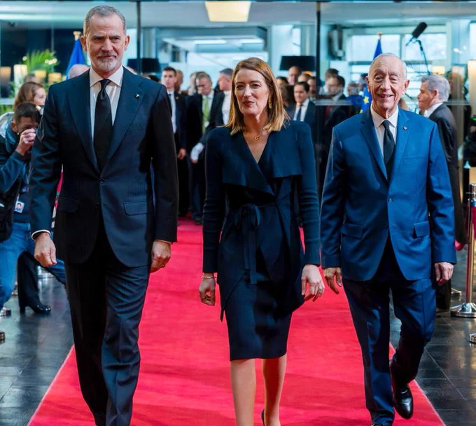 The President of the European Parliament Roberta Metsola welcoming His Majesty King Felipe VI of Spain and the President of Portugal Marcelo Rebelo de Sousa to the European Parliament in Strasbourg, France.