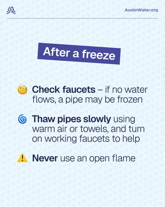 After a Freeze
Check faucets - if no water flows, a pipe may be frozen
Thaw pipes slowly using warm air or towels, and turn on working faucets to help
Never use an open flame
