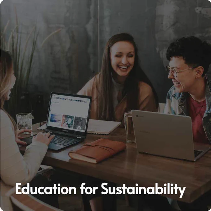Group of students working together around a table with laptops, representing collaborative learning in education for sustainability.