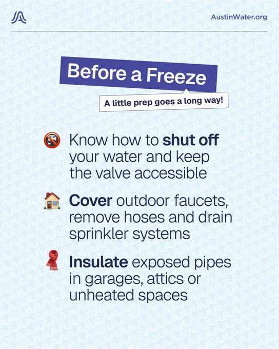 Before a Freeze: A Little Prep goes a long way 

Know how to shut off your water and keep the valve accessible 
Cover outdoor faucets, remove hoses and drain sprinkler systems 
Insulate exposed pipes in garages, attics or unheated spaces
