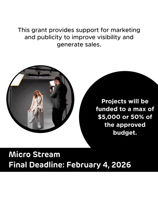  “Micro Stream Final Deadline: February 4, 2026” text across the top reads “This grant provides support for marketing and publicity to improve visibility and generate sales.” A black circle says “Projects will be funded to a max. of $5,000 or 50% of the approved budget.” 