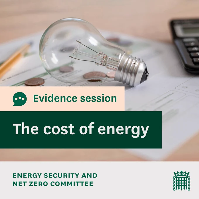 Evidence session.
The cost of energy.
Energy Security and Net Zero Committee.
Photo of a light bulb, energy bills, a calculator and coins on top of a table.