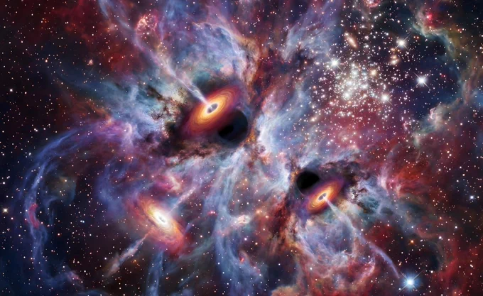 A vibrant cosmic scene depicts three black holes surrounded by swirling, colorful accretion disks emitting bright jets of light. Wisps of blue, purple, and red gas clouds fill the background, interspersed with clusters of twinkling stars. The composition creates a dynamic and mystical space tableau.