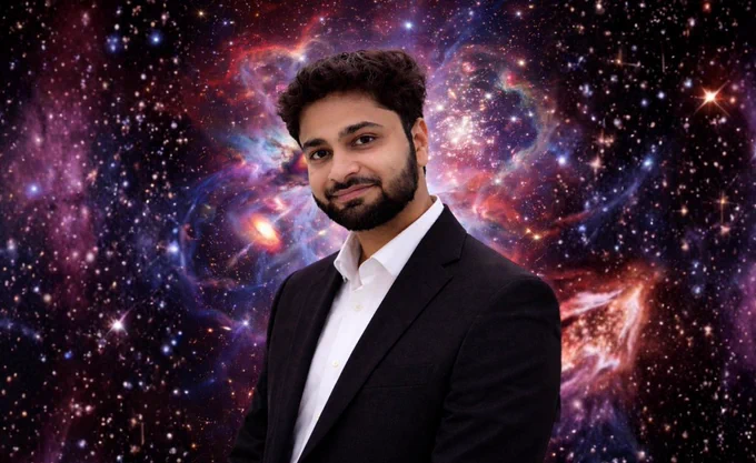 A man in a black suit and white shirt smiles at the camera, standing against a vibrant, swirling nebula background filled with colorful galaxies and stars.