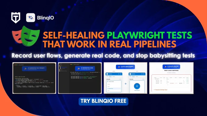 Ad for BlinqIO: "Self-healing Playwright tests that work in real pipelines." Features include recording user flows and generating real code.