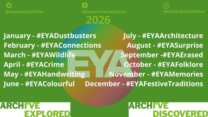 Graphic announcing the themes for EYA 2026 in both English and Irish. White text on a green background. The themes are:

January is #EYADustbusters.

February is #EYAConnections / Naisc.

March is #EYAWildlife / Fiadhúlra.

April is  #EYACrime / Coir.

May is #EEYAHandwriting / Lámhscríbhneoireacht.

June is #EYAColourful / lldaite.

July is #EYAArchitecture / Ailtireacht.

August is #EYASurprise / lontas.

September is #EYAErased / Scriosta.

October is #EYAFolklore / Béaloideas.

November is #EYAMemories / Cuimhní.

December is #EYAFestiveTraditions / Traidisiúin Fhéile.