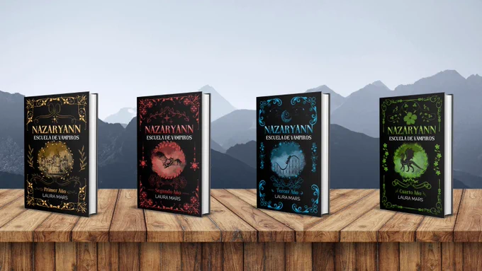 Imagen donde aparecen los nuevos Nazaryann, del primer al cuarto año, con cubierta de tapa dura y portadas con ribetes que enmarcan distintas ilustraciones. El uno enmarca un castillo, la cubierta es negra y el lettering dorado. En el dos enmarca un murciélago en pleno vuelo, fondo negro, lettering rojo. El tercer año tiene una montaña rusa, fondo negro, lettering azul. El cuarto año enmarca un dragón, fondo negro, lettering verde