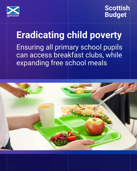 Pupil holds plate of food, with the caption: "Eradicating child poverty: ensuring all primary school pupils can access breakfast clubs, while expanding free school meals"