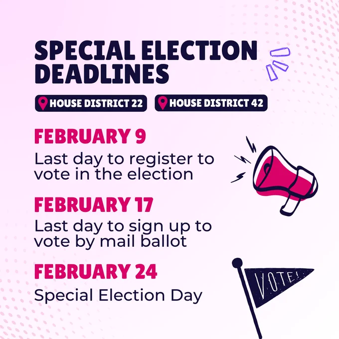 Pink graphic with an image of a megaphone and text that reads “Special election deadlines for HD 22 and HD 42: February 9- last day to register to vote, February 17- last day to sign up for mail ballot, February 24- special election day”