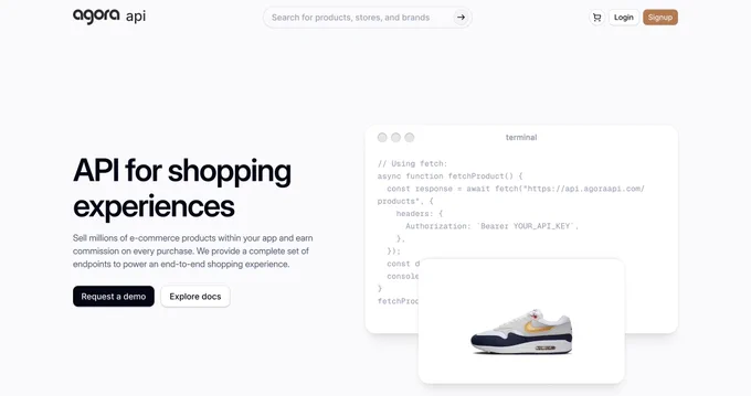 Landing page promoting an API for shopping experiences, large headline, CTA buttons, code snippet mock terminal and a product shoe card mockup.