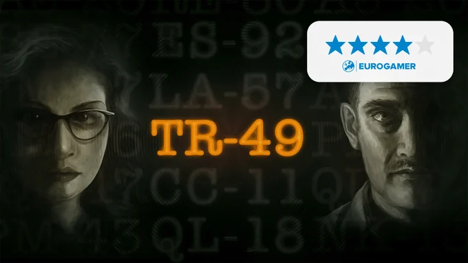 An illustration showing two greyscale pencil-like sketches of a man and a woman, on either side of the picture, flanking an orange-coloured "TR-49" and then many other greyed out letters and numbers besides.