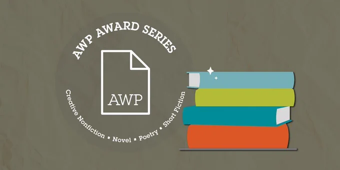 AWP dog-ear logo and AWP Award Series: Creative Nonfiction, Novel, Poetry, and Short Fiction on an olive-green background next to an illustrated stack of four books