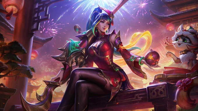 Firecracker Caitlyn sits on a bench and offers a glowing yarn ball to Yuumi as fireworks go off in the background. She holds her gun with her right arm, which is punctuated by a jade horse near the trigger and a jade coin as its sights.