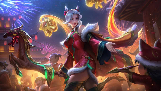 Firecracker Ashe walks in the Lunar Revel parade holding her bow, which features a wooden horse with gold adornments at the top. A child reaches out to hand her a firework.