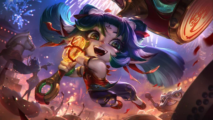With a wide smile, Firecracker Poppy excitedly jumps into the air and prepares to swing her hammer into a giant drum, aiding Seraphine and Ziggs with the Lunar Revel festivities.