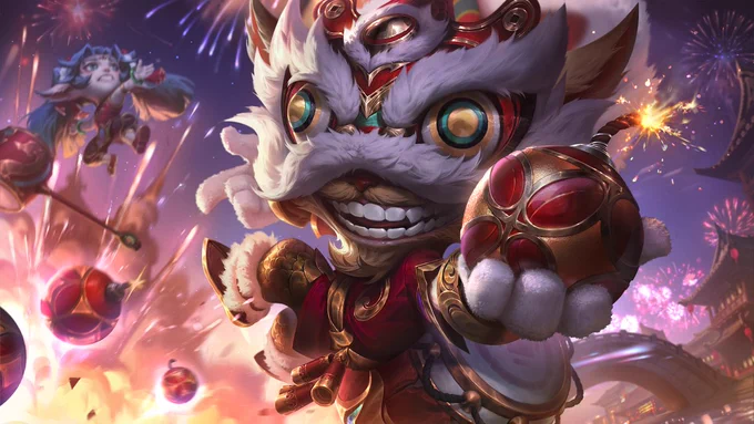 Always looking to add his explosive energy to a party,Firecracker Ziggs wields an ornamental firecracker with a lit fuse in his hands while several others explode in the background behind him.