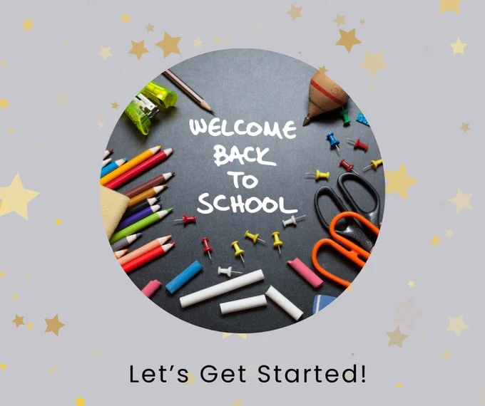 A blackboard with Welcome Back to School written in white on it surrounded by a variety of multi-colored school supplies.