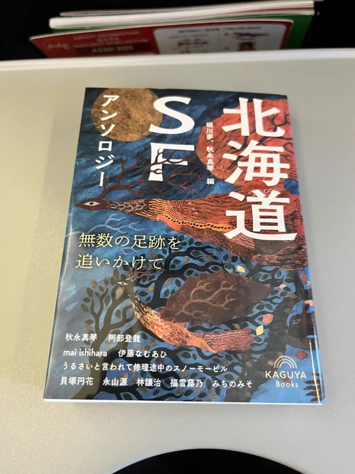 飛行機のテーブルの上に乗せられた書籍・北海道SFアンソロジーの画像