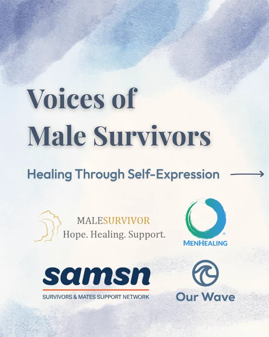 Light blue background with MaleSurvivor, MenHealing, SAMSN, and Our Wave logos at the bottom.