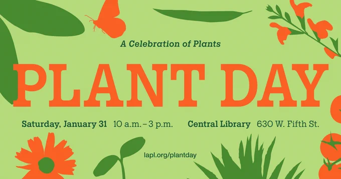 Graphic art featuring plants, insects and vegetables that reads "PLANT DAY".