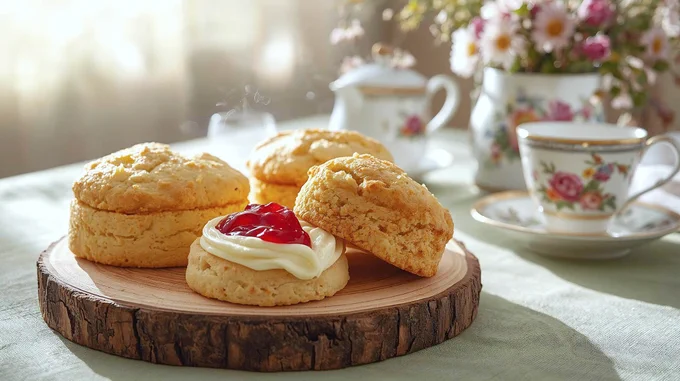 Some scones on a wooden serving platter 