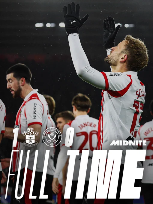 Full time. Southampton 1, Sheffield United 0.