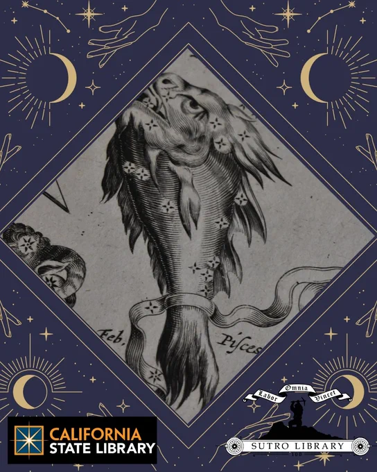 Black and white illustration of a fish with dragon like face in a dark blue template with gold suns, hands and stars. The CSL logo is in the bottom left and the sutro logo is in the bottom right. 