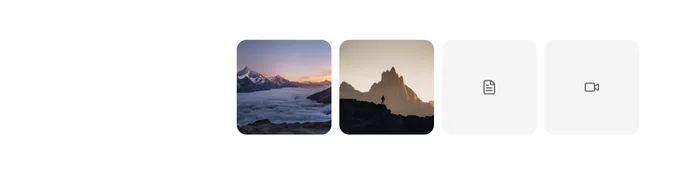 Two rounded square thumbnails: left shows snow‑capped mountains above a sea of clouds at sunrise; next shows a lone hiker silhouetted against jagged peaks at golden hour.