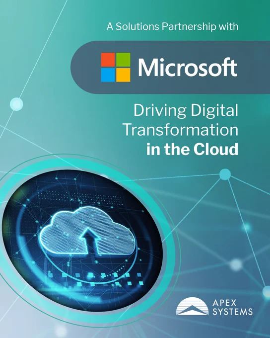 Promotional graphic for a Solutions Partnership with Microsoft, titled 'Driving Digital Transformation in the Cloud'. Features a stylized cloud icon with an upward arrow, set against a blue and green abstract background.