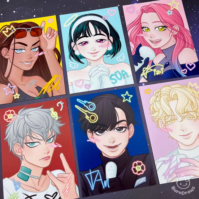 Illustrations of Sua, Mizi, Till, Ivan, Luka, and Hyuna from Alien Stage by Vivinos. The characters are drawn smiling and posing for the camera with solid colored backgrounds that relate to their character.  Around each of them are little neon doodles of stars, hearts, and symbols that relate to the characters and their signature in one of the bottom corners.