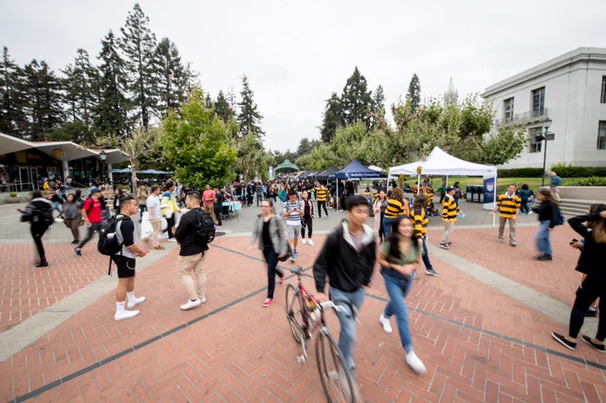 Students walking through Sproul Plaza at UC Berkeley on a busy, cloudy day.