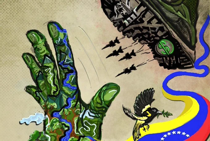 Illustration of a green hand held up to block fighter jets flying toward it from the bottom of a boot tread that is also coming down toward the hand. There's a dollar sign on the boot tread. In the bottom right corner, a Venezuelan flag stretches like a river into the distance and a black and yellow bird with a leafed twig in its mouth flies above the flag.