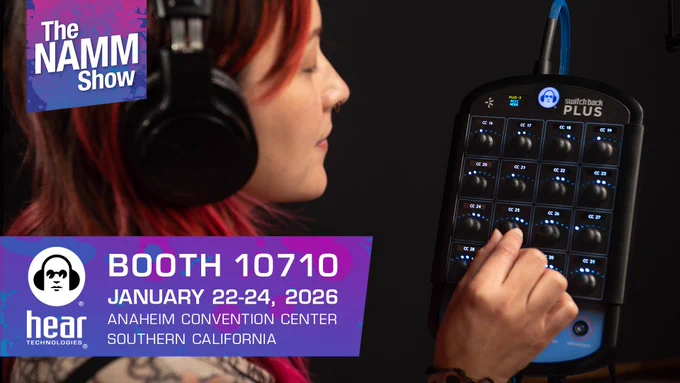 A musician wearing headphones adjusts channel knobs on a Switch Back PLUS.