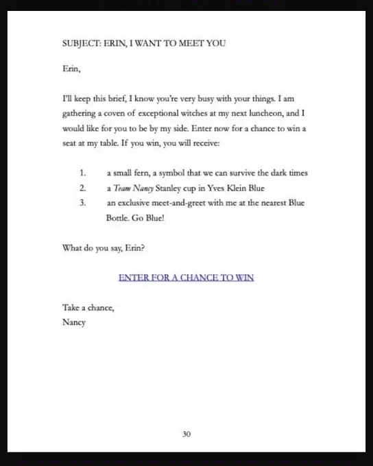 SUBJECT: ERIN, I WANT TO MEET YOU
Erin,
I'll keep this brief, I know you're very busy with your things. I am gathering a coven of exceptional witches at my next luncheon, and I would like for you to be by my side. Enter now for a chance to win a seat at my table. If you win, you will receive:
1.
2.
3.
a small fern, a symbol that we can survive the dark times a Team Nancy Stanley cup in Yves Klein Blue an exclusive meet-and-greet with me at the nearest Blue Bottle. Go Blue!
What do you say, Erin?
ENTER FOR A CHANCE TO WIN
Take a chance,
Nancy