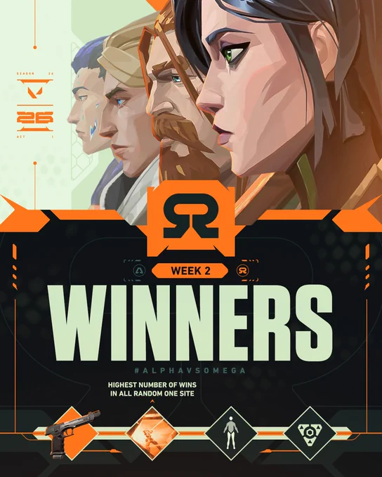 VALORANT Alpha vs Omega week 2 winners graphic featuring Team Omega. Stylized side-profile illustrations of four VALORANT agents that include Viper, Breach, Sova, Yoru. Centered below is a bold Omega logo with the text "Week 2 Winners." Additional text reads "#AlphaVsOmega" and "Highest number of wins in all Random One Site. 